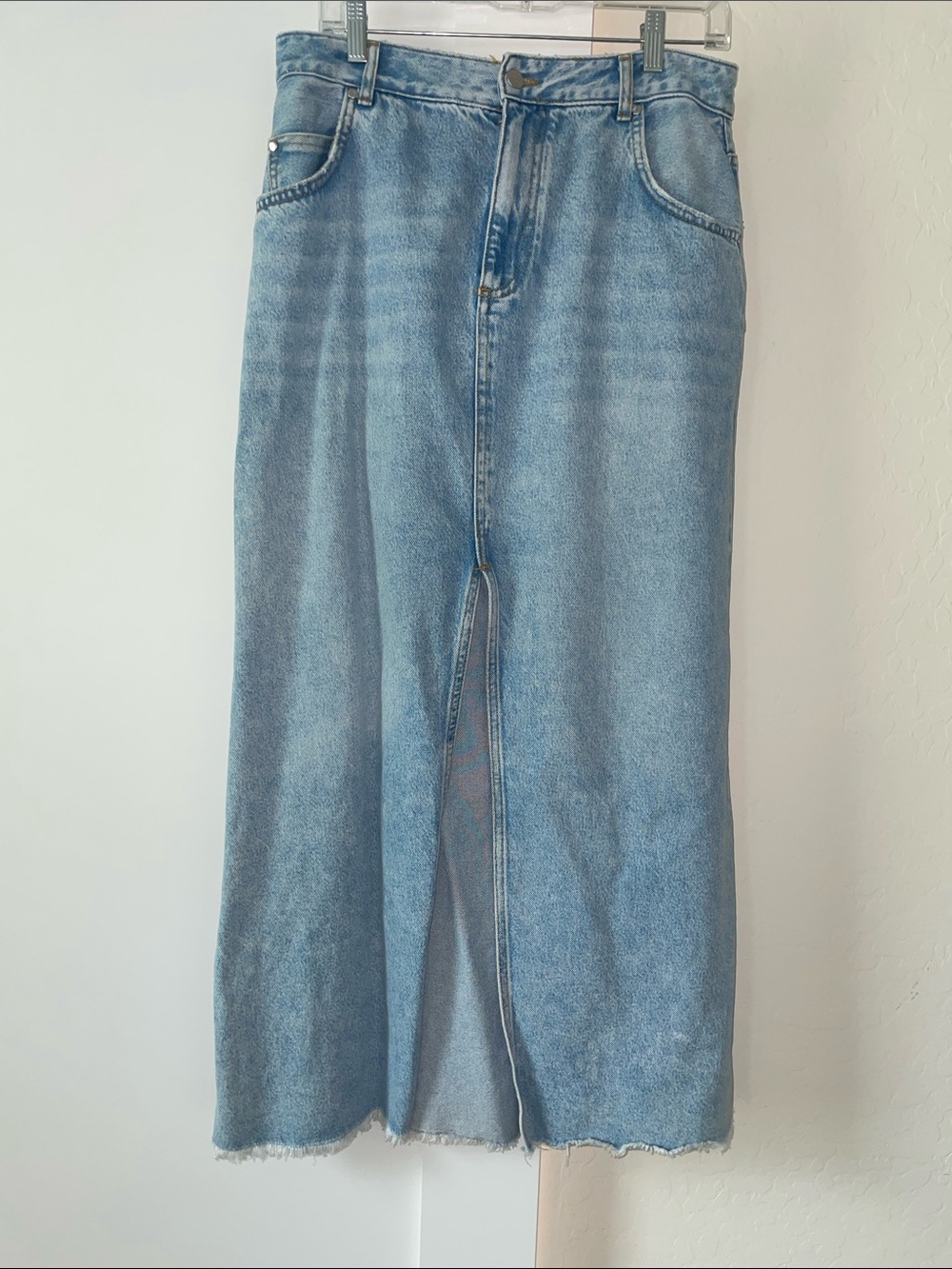 Pilcro High-Waist Light Blue Denim Midi Skirt with Front Slit